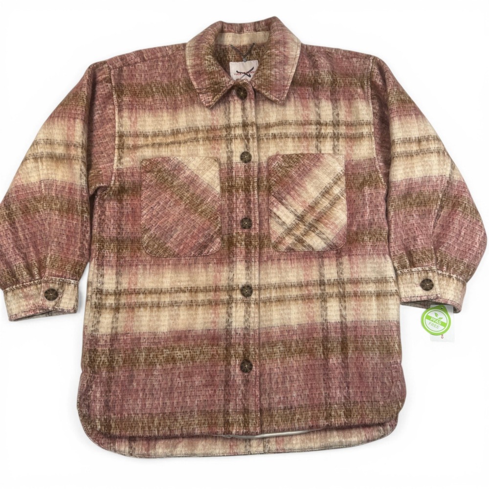 Lucky Brand Plaid Shacket Womens Medium Mauve Tan Brown Button Front Coat NWT